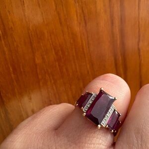 Vintage Rhodolite Garnet Emerald Cut and Baguette 9ct Solid Gold Ring
